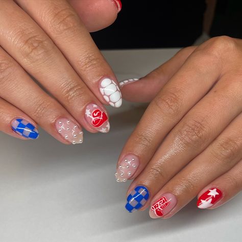 🇺🇸❤️🤠⭐️🪩💙✨ - - #nailtech #nails #geloverlay #promnails #nailtech #nails #nailart #summernails #fallnails #nailart #4thofjulynails #julynails #summer #brightnails #cutenails #summernailinspo #nailinspo #utahnails #nailideas #woodscross #bountiful #smallbuisness #halloweennails #handpainted #bountifulnailsalon #woodscrossnailsalon #woodscrosssalon #bows #thanksgivingnails #christmasnails #holidaynails Cherry Fourth Of July Nails, Groovy 4th Of July Nails, Gel Overlay, 4th Of July Nails, Thanksgiving Nails, Bright Nails, Summery Nails, July Nails, Prom Nails