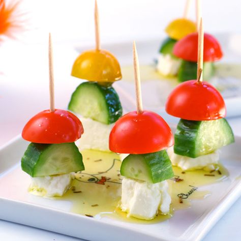 Skewered Tomato, Cucumber & Feta Appetizer | 100 Things You Can Eat On A Stick Cheese Skewers, Tomato Balsamic, Feta Cucumber, Greek Appetizers, Tomato Cucumber, Cherry Tomato, Snacks Für Party, On A Stick, Starters Recipes