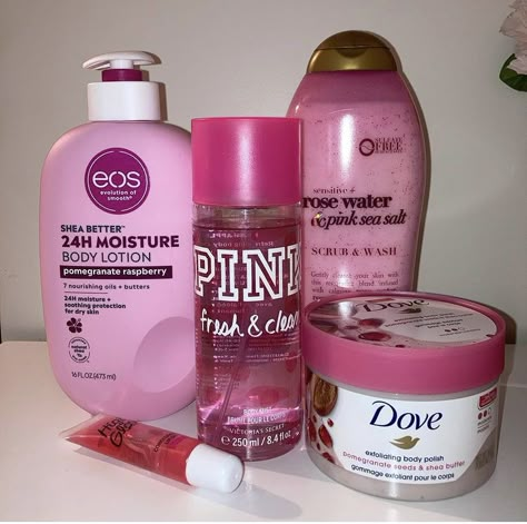 Pink Body Care Products, Female Hygiene Products List, Girly Items, Scent Combos Hygiene Rose, Coquette Hygiene Tips, Scent Combos Hygiene Strawberry, Basic Skin Care Routine, Perfect Skin Care Routine, Body Hygiene