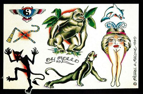 MIKE ROLLO BANKS Malone Gorilla Panther Dolphin Devil Tattoo Flash Art - $34.95. FOR SALE! Mike Rollo Banks Malone Vintage Tattoo flash Art 11 x 17 High quality Reproduction PrintProfessionally Printed on thick, fade-resistant, acid-free matte archival paper scanned from original Rollo hand colored production flash. Everything is color matched to the original print to ensure we offer the highest quality flash possible.Mike Rollo Malone 193973728168