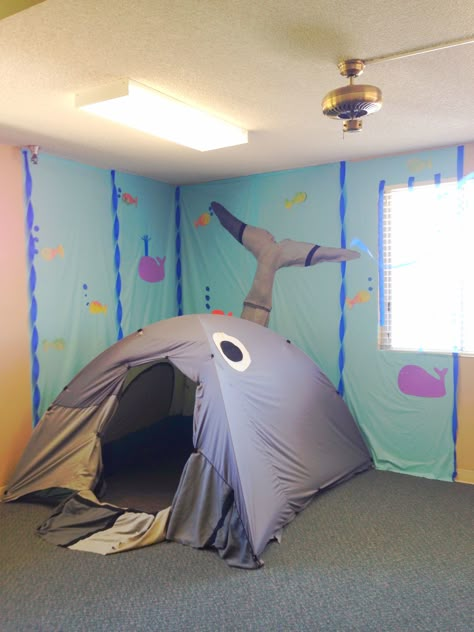 Jonah's whale - but with a little change it could be the tomb and then the empty… Jonah And The Whale Decorations For Vbs, Jonah Whale, Deep Sea Discovery Vbs, Ideas Decoracion Salon, Ocean Vbs, Submerged Vbs, Ocean Commotion, Lifeway Vbs, Scuba Vbs