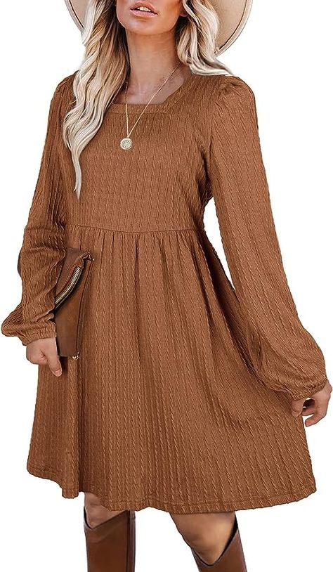 WEESO Womens Knit Dress Square Neck Long Sleeve Knee Length Babydoll Dresses Here's more ideas from Amazon for your Fall Portrait Wardrobe. This dress comes in a variety of colors and is perfect for that Autumn style photoshoot. 😍 Cute Sweater Dresses, Babydoll Dresses, Dress Square Neck, Square Neck Long Sleeve, Womens Knit Dresses, Empire Waist Dress, Knitting Women, Long Sleeve Tunic, Babydoll Dress