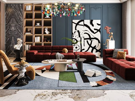 MODERN CONTEMPORARY LIVING ROOM WITH THE VIBRANT MIRA RUG - ROOM BY ROOM - RUG'SOCIETY | THE DELUXE OF PAST & PRESENT Patricia Urquiola Interior, Modern Contemporary Living, Living Room Stands, Modern Contemporary Living Room, Rug Room, Patricia Urquiola, Bespoke Interiors, Contemporary Living Room, Contemporary Living