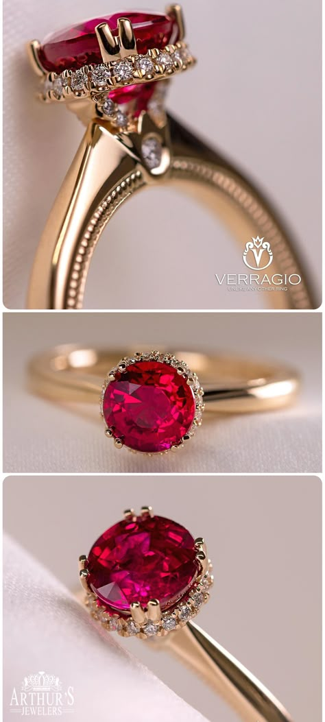 Be Different, Be Unique! Ruby and diamond engagement ring by Verragio. Victorian Engagement Rings Ruby, Ruby Engagement Ring Gold Vintage, Red Engagement Ring Unique, Antique Ruby Engagement Ring, Victorian Ruby Ring, Unique Ring Designs Vintage, Ruby Ring Designs Unique Gold, Red Rings Engagement, Ruby Halo Ring