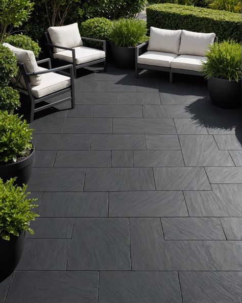 Black Tile Patio, Black Garden Tiles, Charcoal Concrete Patio, Black Patio Floor, Outside Flooring Ideas, Black Concrete Patio, Patio Tiles Over Concrete, Black Pavers, Black Stone Tile