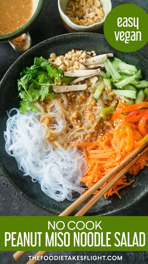 Peanut Miso Vermicelli Noodle Salad - The Foodie Takes Flight Vegetarian Vermicelli Recipes, Miso Rice Noodles, Rice Vermicelli Salad, Vermicelli Recipes Vegan, Rice Noodles Salad, Vegan Vermicelli Recipes, Vermicelli Rice Noodle Recipes, Rice Noodle Salads, Vermicelli Vegetarian