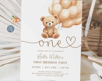 Beary First Birthday Invitation, Teddy Bear 1st B-day Invite for Boys and Girls, Printable Party Invite, Editable Jet Template - Etsy Denmark Beary First Birthday Girl, Teddy Bear Birthday Invitations, Beary First Birthday, Teddy Bear Theme, Teddy Bear Birthday, Teddy Bear Girl, Bear Theme, Party Invitations Printable, Bear Birthday