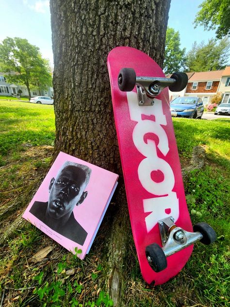 Tyler The Creator Skateboard, Aesthetic Skateboard Design, Igor Tyler The Creator, Skateboard Hanger, Aesthetic Skateboard, Skateboard Ideas, Custom Skateboard Decks, Skateboard Pictures, Skateboarding Tricks