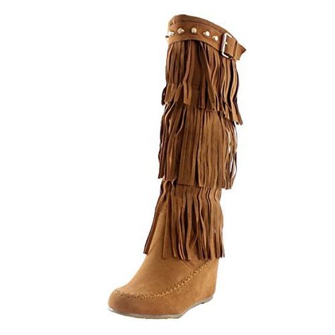 Nature Breeze Bridget02Hi Moccasin Fringe Fashion BootsTan Suede75 *** Check out this great product. Knee High Wedge Boots, Knee Boots Outfit, Calf High Boots, Knee High Boots Flat, High Boots Outfit, Moccasins Style, Fringe Fashion, Moccasin Boots, Boots Women Fashion