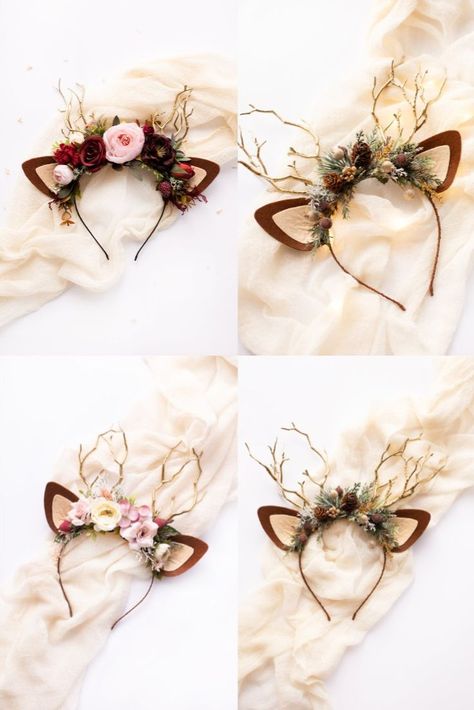 Wedding Flower Crowns, Flower Crown Pink, Antler Flower, Deer Antlers Headband, Reindeer Horns, Deer Ears, Crown Pink, Antler Headband, Horn Headband