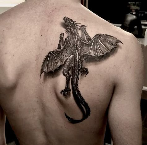 Dragon Tattoo Large, 3d Dragon Tattoo, Dragon Tattoo Shoulder, Dragon Tattoo Back, Rabe Tattoo, Black Dragon Tattoo, Tatoo 3d, Empyrean Series, Realistic Dragon