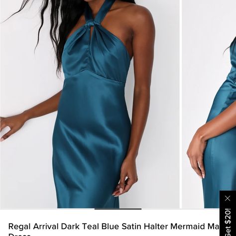 Regal Arrival Dark Teal Blue Satin Halter Mermaid Maxi Dress Teal Halter Dress, Satin Teal Bridesmaid Dresses, Teal Blue Dress Lulus, Dark Teal Dress Midi, Dark Teal Satin Dress, Dark Teal, Blue Satin, Teal Blue, Halter Dress