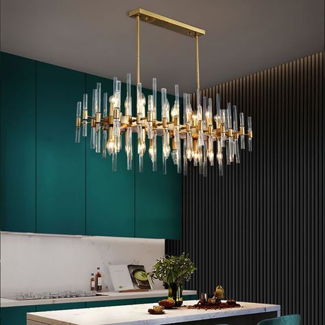 Modern Chandelier Dining, Glass Living Room, Kitchen Island Pendant Light, Dining Room Chandelier Modern, Pendant Light Chandelier, Living Room Chandelier, Brass Ceiling Light, Kitchen Island Pendant, Linear Pendant Light