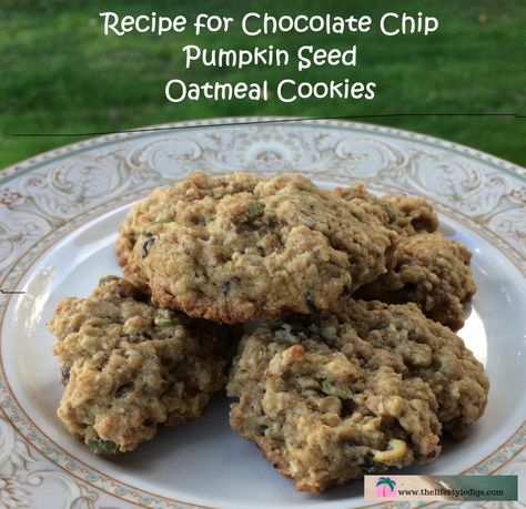 Recipe for Chocolate Chip Pumpkin Seed Oatmeal Cookies - The Lifestyle Digs My recipe for chocolate chip pumpkin seed oatmeal cookies is a healthier cookie so I feel less guilty about eating them. #cookies #chocolatechipcookie #recipe #baking #countryliving #healthycookies Pumpkin Seed Oatmeal, Pumpkin Seed Cookies, Peanut Butter Oatmeal Chocolate Chip Cookies, Peanut Butter Oatmeal Chocolate Chip, Oatmeal Chocolate Chip Cookie Recipe, Seed Cookies, Pumpkin Cookie Recipe, Raw Pumpkin Seeds, Recipe Baking