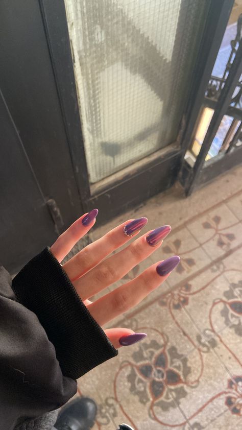 Dark Purple Nails With Rhinestones, Purple Nails With Rhinestones, Acrylic Nails Purple, Acrylic Nails With Rhinestones, Dark Purple Nails, Nails With Rhinestones, Purple Acrylic Nails, Nails Purple, Purple Acrylic