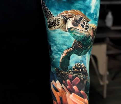 Tattoo photo - Sea life tattoo by Andrey Stepanov Sea Turtle Tattoo Realistic, Sea Life Tattoo, Tropisches Tattoo, Sea Turtle Tattoos, Sea Tattoo Sleeve, Natur Tattoo Arm, Sea Life Tattoos, Ocean Sleeve Tattoos, Underwater Tattoo