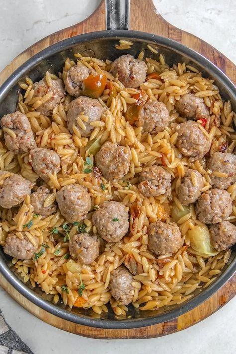 Italian Meatballs with Orzo Orzo And Meatballs, Meatball Stew, Zesty Italian Dressing, Italian Meatballs, Frozen Meatballs, Italian Dressing, White Beans, Orzo, Italian Sausage