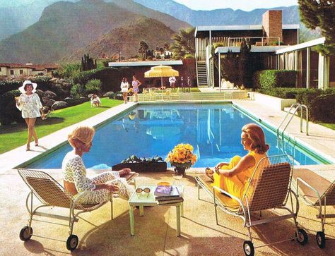 60s pool Retro Pool Parties, Kaufman House, Slim Aarons Photography, Kaufmann House, Slim Aarons Poolside, Vintage Palm Springs, Desert House, Pool Umbrellas, Richard Neutra