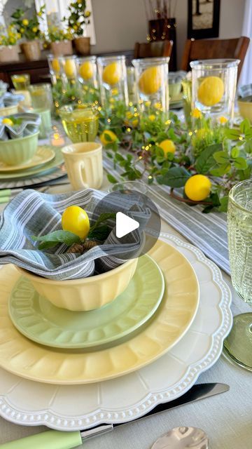 Lori  🍽️🥂 on Instagram: "Mother’s Day is right around the corner so I’ve been putting together some possible tablescape inspiration for you. Here, I’ve combined lemon themed decor with these beautiful table linens from @solinohome to create a cheerful springtime vibe that’s perfect for celebrating mom! 
🍋🍃🍽️🥂🍃🍋

You might recall that these are the exact same linens I used in my Christmas tablescape which demonstrates their versatility for year round tablescape styling. 

You will find links and some closer views of this tablescape as well as my Christmas one in my stories. 

Have you planned any Mother’s Day activities or get-togethers yet?

Thanks for visiting,

Lori
🍃🍋🍃

#mothersdaytablescape #springtable #solinohome #tablelinens #lemondecor #springcenterpiece #centerpieceside Brunch Centerpiece Ideas, Citrus Centerpieces, Lemon Tablescape, Lemon Table Decor, Lemon Themed Party, Lemon Centerpieces, Aisle Decorations, Spring Centerpiece, Tablescape Inspiration