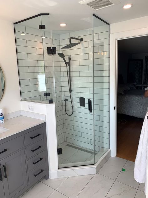 Fiberglass Corner Shower Ideas, Small Bathroom Remodel Corner Shower Walk In, Corner Shower Renovation, Seafoam Shower Tile, Frameless Neo Angle Shower Doors, Large Tile Corner Shower Ideas, Stand Up Corner Shower Ideas, Prism Shower Ideas, Shower Inclosers