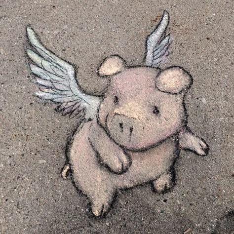 Painted on concrete Flying Pigs Art, Pig With Wings, Street Chalk Art, Art Illusions, Pig Tattoo, David Zinn, Flying Pigs, Pig Drawing, Pigs Fly