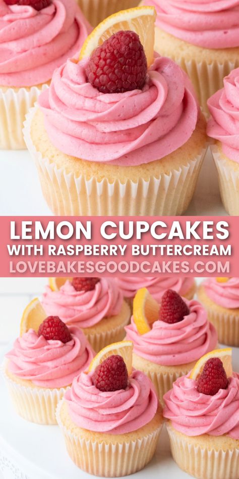 lemon cupcakes with raspberry buttercream frosting pin collage Lemon Cupcake Frosting Recipe, Cupcake Recipes For Easter, Fun Buttercream Flavors, Lemon Cupcakes With Raspberry Buttercream, Cupcakes Lemon Raspberry, Fruit Loop Cupcakes, Lemon Cake Raspberry Buttercream, Lemon Cupcake Ideas, Lemon And Raspberry Cupcakes