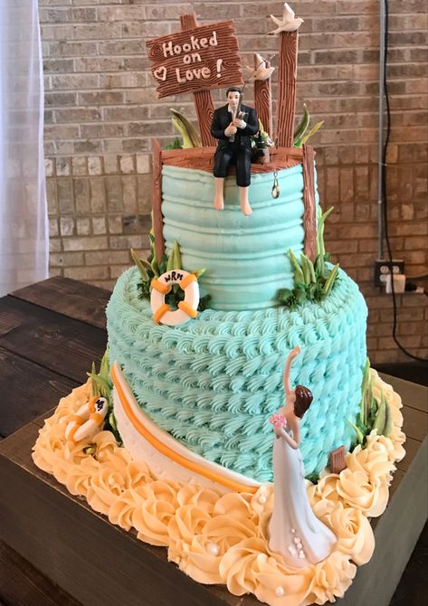 Fishing Wedding Theme Ideas, Couple Shower Cake Ideas, Fishing Themed Rehearsal Dinner, Fishing Themed Grooms Cake, Fishing Theme Wedding Cake, Cake Fishing Theme, Fishing Grooms Cake, Fish Grooms Cake, Fishing Wedding Cake