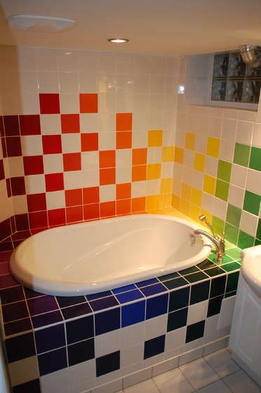 Rainbow Bathroom, Rainbow Tile, Bathroom Decor Colors, Metro Tiles, Tub Surround, Rainbow Party, Freaking Awesome, Kids Bath, Rainbow Art