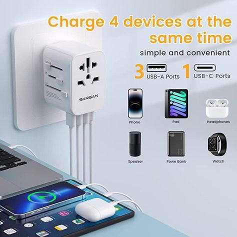 The 3 USB A ports can charge up to 2.4A, and the USB C port can charge up to 3A, all the USB ports output: 5V/3.4A, 17W max. Our universal power adapter has max capacity up to 2500 watt(max 250 Volt, 10 A). Perfect Power Charging Solution for your worldwide traveling. Universal Travel plug Adapter: The multi-function travel adapter that covers more than 150 countries, including USA/EU/AU/UK. But this adapter cannot be used in South Africa, India. Universal Travel Adapter, Universal Power, Travel Must Haves, Travel Adapter, Adapter Plug, Wall Charger, Cellphone Wallpaper, Wireless Headphones, Power Adapter