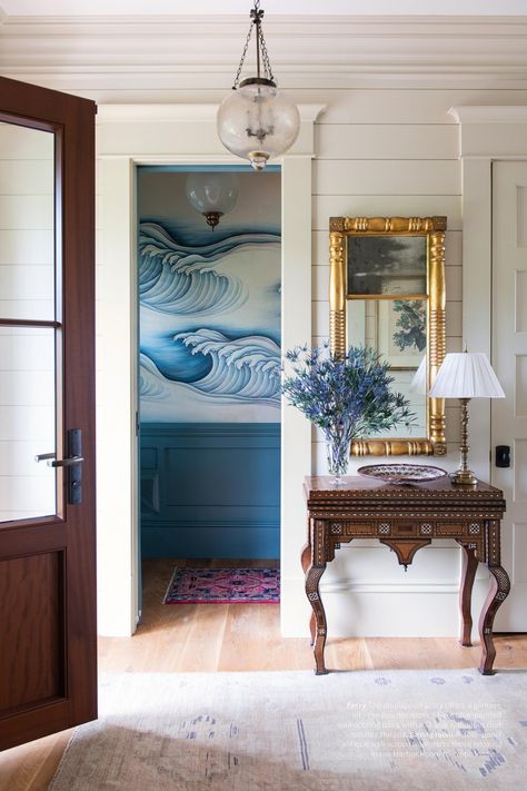 Gracie South Carolina Interior Design, Blue Painted Bathroom, Dramatic Powder Room, Charleston Interior Design, Gracie Wallpaper, Painted Wainscoting, Southern Coastal, Castle Interior, South Carolina Homes