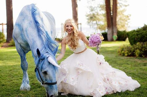 Why This Bride Had 4 Wedding Dresses #refinery29  http://www.refinery29.com/hayley-paige-wedding-photos#slide-7  A fairytale come to life. The rescue horse was hand-painted using organic, nontoxic dye.... Hayley Paige Bridal, Midsummer Nights Dream Wedding, Hayley Paige Wedding, Bride’s Mother, Country Bride, Hayley Paige, Blue Horse, A Unicorn, Cara Delevingne