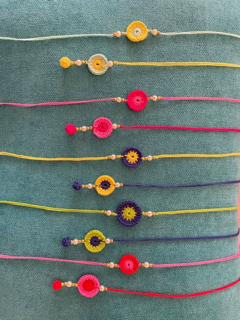 Rakhi Crochet Designs, Crochet Rakhi Pattern, Crochet Rakhi Designs Handmade, Embroidery Rakhi, Mandala Rakhi, Crochet Rakhi, Rakhi 2023, Diy Friendship Bracelets Easy, Rakhi 2024