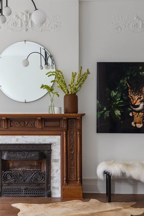 After 70 Years of Going Untouched, This Brownstone Got a Much-Needed Renovation Brownstone Fireplace, Park Slope Brooklyn, Brooklyn Brownstone, Wood Fireplace Mantel, Parisienne Chic, Park Slope, White Oak Wood, Living Room Lounge, White Subway Tile