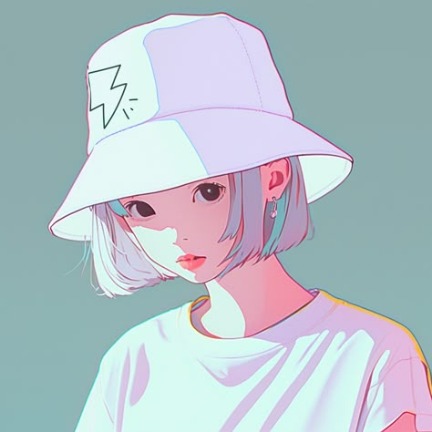 Girl wearing a bucket hat with a lightning illustration in a lo-fi style, gazing confidently into the distance with a relaxed and fashionable demeanor. Bucket Hat Drawing Reference, Bucket Hat Reference, Hat Art Reference, Bucket Hat Character, Bucket Hat Illustration, Hat Reference Drawing, Bucket Hat Drawing, Hat Drawing Reference, Beanie Drawing