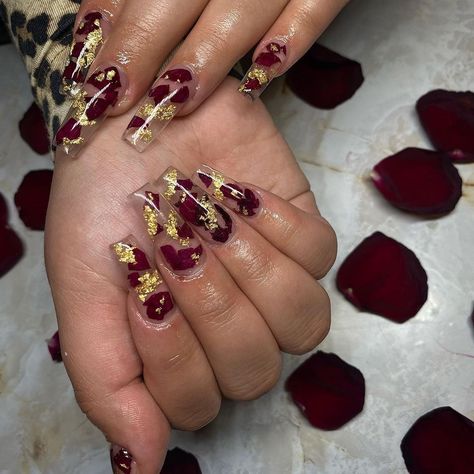 Rose Petal Nails Acrylic, Rose Encapsulated Nails, Rose Petal Nails, Roses Nails Design, Red Roses Nails, Rose Nails Design, Red Rose Nails, Nails With Roses, Birthday Dream