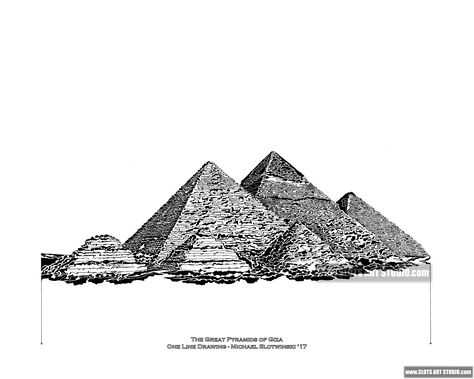 Michael Slotwinski - Great Pyramids at Giza (this was drawn as one continuous line of varying thickness, never overlapping) Pyramid Tattoo Design Drawings, Pyramids Tattoo Design, Pyramid Of Giza Drawing, Pyramids Of Giza Drawing, Acme Tattoo, Pyramid Of Giza Architecture Drawing, Louvre Pyramid Sketch, Pyramid Tattoo, Egyptian Tattoos