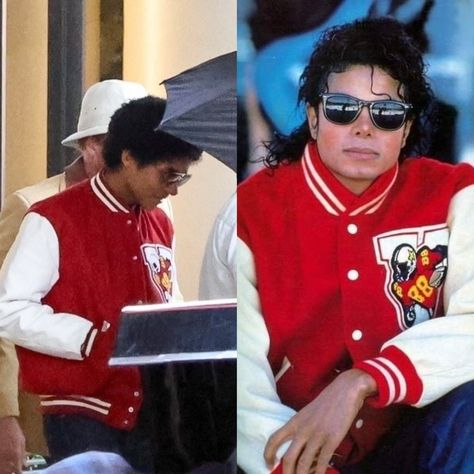 🚨ON SET | Jaafar Jackson sporting the iconic Varsity Jacket for the Michael Jackson Biopic #MichaelMovie Michael Jackson Jacket, Joe Jackson, Paris Jackson, Jackson Family, January 22, King Of Pop, King Of Pops, Drama Film, Aesthetic Images