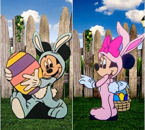 Diy Christmas Yard Art, Plywood Cutouts, Mickey Mouse Decor, Easter Wood Projects, Wooden Yard Art, Easter Yard Art, Easter Yard Decorations, Mickey Easter, Disney Thanksgiving