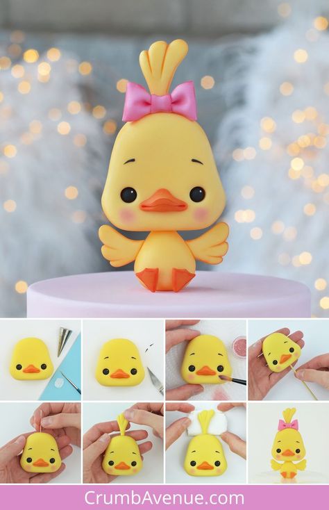 cute baby duck tutorial with templates, how to make a fondant duck cake topper, gum paste duckling, modelling paste, fondant, sugarpaste, kawaii, easter chick, chicken, cake decoratig, birthday cakes for kids, cute fondant cakes for kids, girl, boy, 1st birthday, farm animals, figurine, sugar craft, kids crafts, polymer clay ideas, inspiration, cake decorating online school, crumb avenue tutorials, simple, easy to follow pictorials Polymer Clay Chicken Tutorial, Duck Polymer Clay, Easter Clay Ideas, Duck Cake Ideas, Duck Fondant, Polymer Clay Duck, Duck Cake Topper, Fondant Animals Tutorial, Clay Duck