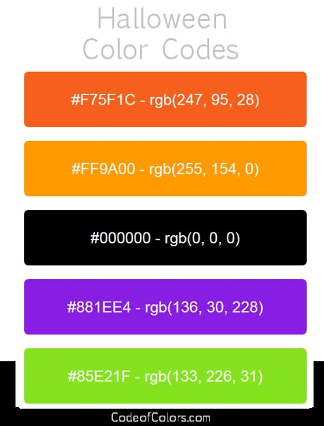 Halloween Color Palette and Scheme Rgb Color Palette, Rgb Palette, Halloween Palette, Halloween Color Palette, Pallet Halloween, Halloween Digital Art, Rgb Color Codes, Halloween Colors, Color Design Inspiration