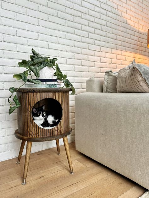 DIY Cat Bed End Table - Newbuild Newlyweds Bed End Table, Cat Diys, Diy End Table, Diy Cat Bed, Cat Bedroom, Cat Hotel, Diy Side Table, Cat House Diy, Hgtv Dream Home