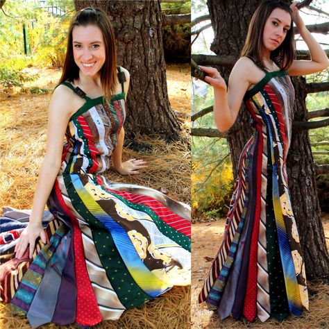 A dress made completely from upcycled men’s neckties Neck Tie Skirt Diy, Necktie Dress Diy, Dress Made Of Ties, Skirt Made From Ties, Tie Skirt Diy, Upcycle Ties, Tie Dress Pattern, Necktie Skirt, Neck Tie Projects