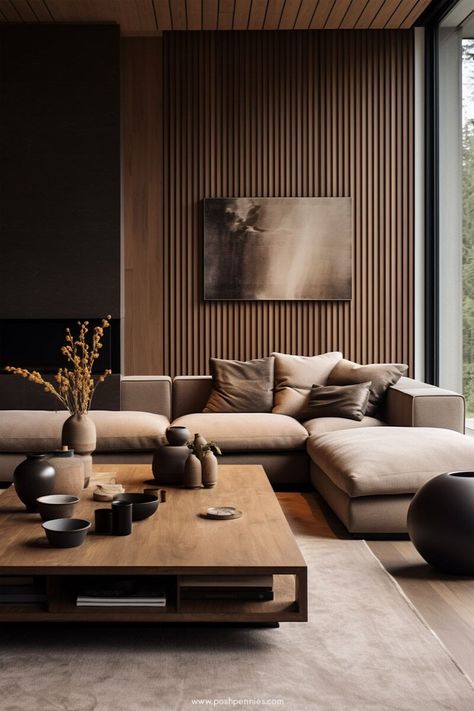 The Secret to Good Design: Symmetry and Balance - Posh Pennies Black And Grey Living Room Modern, Dark Media Wall, Dark Japandi Interiors, Dark Japandi Living Room, Dark Organic Modern, Organic Modern Dark, Moody Minimalist Living Room, Modern Zen Living Room, Moody Japandi