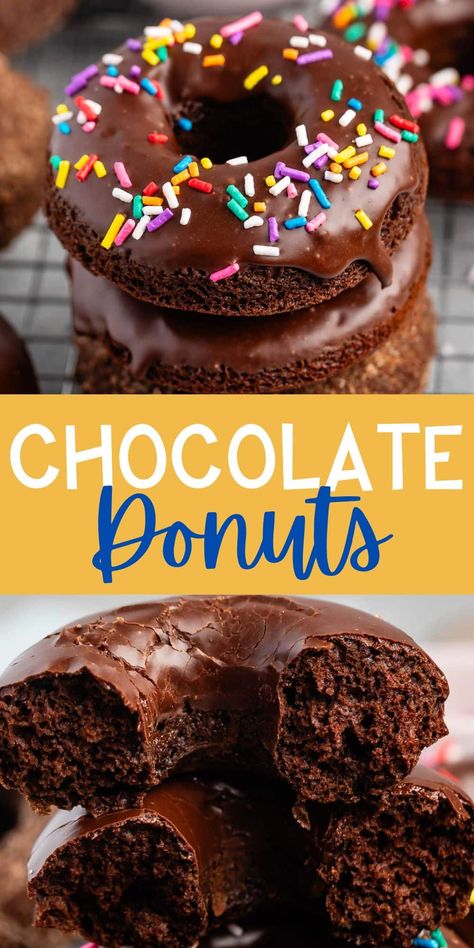 Make the BEST Baked Chocolate Donuts recipe - these are easy baked donuts with chocolate glaze or make them cinnamon sugar donuts! Homeschool Meals, Baked Donuts Easy, Donuts With Sprinkles, Donut Calories, Breakfast Donuts, Keto Donuts, Chocolate Ganache Frosting, Keto Chocolate Cake, Ganache Frosting