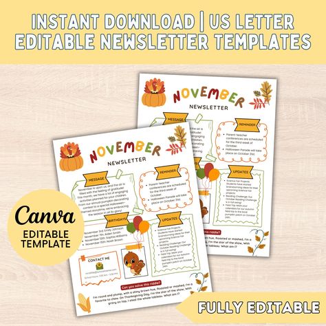 November Classroom Newsletter Template Printable Monthly Teacher Template Editable Monthly School Newsletter Classroom Decor Thanksgiving School Newsletters, Newsletter Format, Teacher Newsletter Template, September Newsletter, Classroom Communication, November Classroom, Communication Games, Preschool Newsletter, Newsletter Template Free