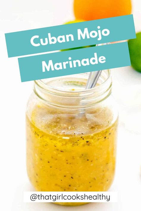 Cuban Mojo Marinade in a glass jar with a spoon on a white background. Cuban Mojo Marinade, Mojo Marinade, Cuban Mojo, Girl Cooking, Cuban Recipes, Caribbean Recipes, Healthy Meals For Kids, Cooking Art, Recipe For Mom