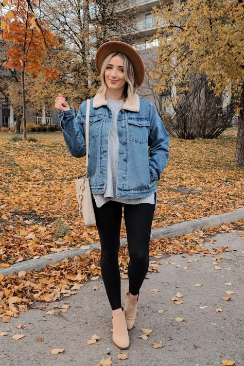 women's fall outfit with sherpa denim trucker jacket and leggings Winter Outfit Denim Jacket, Sweater With Denim Jacket, Sweater And Jean Jacket Outfit, Fleece Lined Jean Jacket Outfit, Sherpa Jacket Outfit Denim, Jean Sherpa Jacket Outfit Women, Sherpa Lined Jean Jacket Outfits, Fleece Jean Jacket Outfit, Jean Sherpa Jacket Outfit