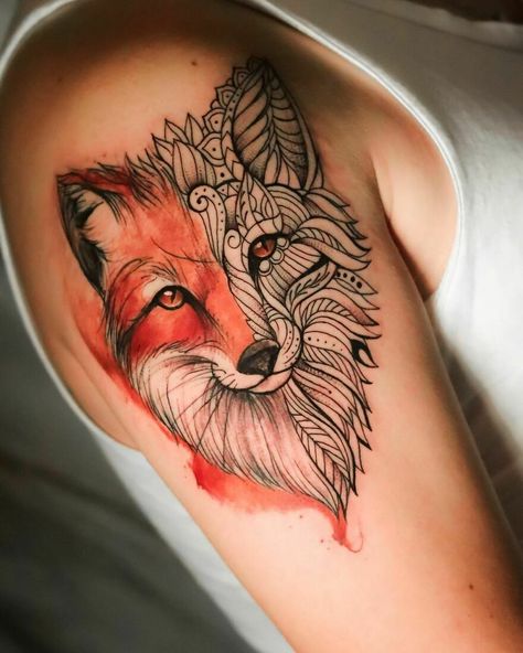 Watercolor Fox Tattoo Native Fox Tattoo, Fox Forearm Tattoo Women, Matching Fox Tattoos Couples, Boho Fox Tattoo, Watercolour Fox Tattoo, Fox Neck Tattoo, Fox Tattoo Forearm, Virgo Fox Tattoo, Fox Hand Tattoo