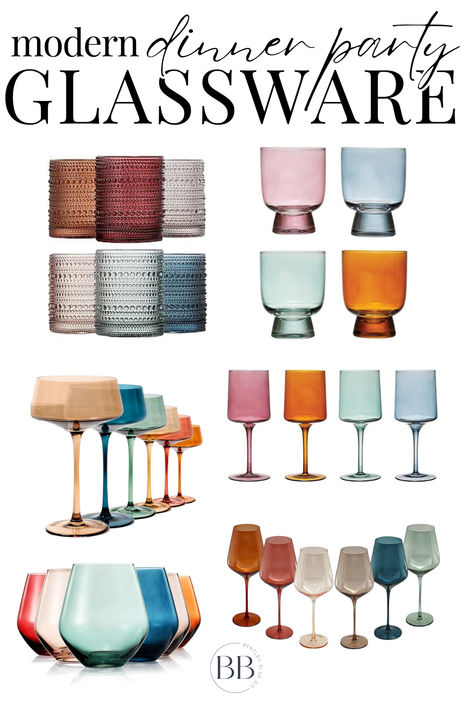 Looking for a boho but modern style glassware for your upcoming dinner party? These deep neutral dinnerware glasses are a cute colorful touch to your themed dinner party. From textured beaded cups, to rainbow stemless wine glasses, to amber wine glasses, this has all the matching things you need for your next fall dinner party. Different Color Glassware, Neutral Dinnerware, Modern Dinner Party, Rainbow Glassware, Amber Wine Glasses, Matching Things, Themed Dinner Party, Light Paint Colors, Glass Dining Set