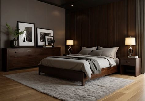 Dark brown is a powerful color that brings warmth and sophistication to any bedroom. It’s versatile and complements a variety of styles, from modern to Dark Brown Bedroom Ideas, Brown Upholstered Bed, Dark Wood Bed Frame, Chocolate Brown Walls, Blue Gray Kitchen Cabinets, Dark Brown Bedrooms, Brown Bed Frame, Brown Bedroom Ideas, Brown Accent Wall